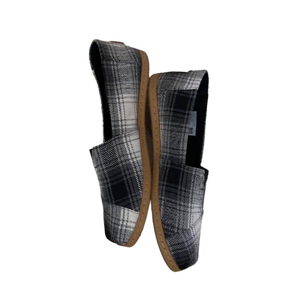 Toms Espradille Flats Slip on Black Buffalo Plaid Leather Wrap Women's Size 10